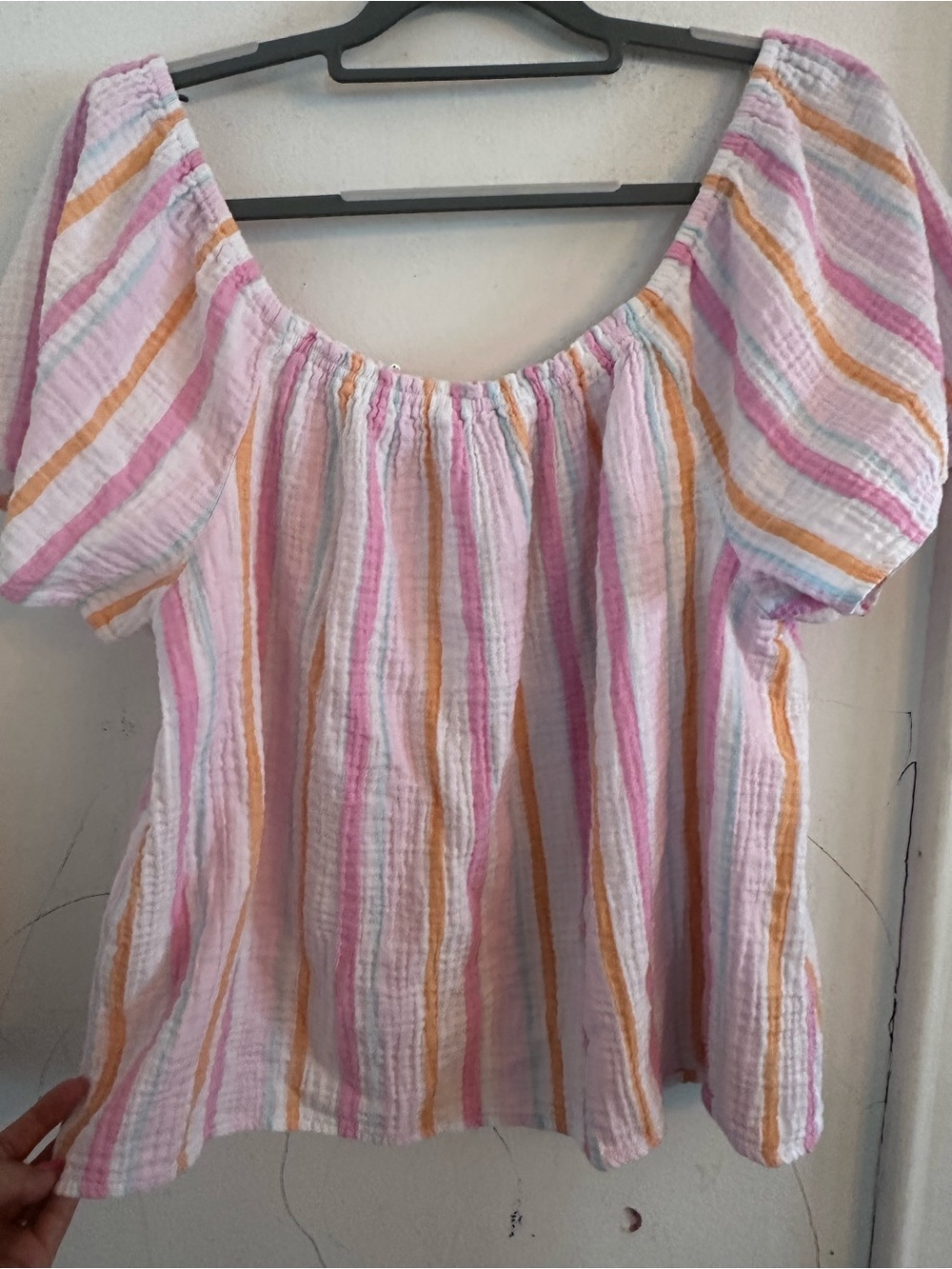🍋 5/$25 100% Cotton Gauze Off Shoulder Stripe Boho Coastal Blouse Pink Orange - Picture 4 of 6